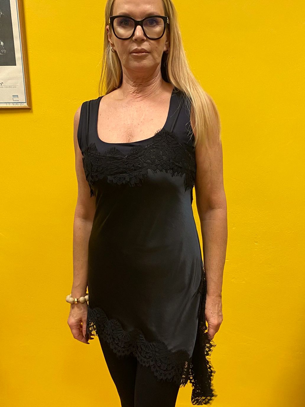 Kleid Satin asymmetrisch mit Spitze Schwarz One Size  bis Größe 38/40 N1895