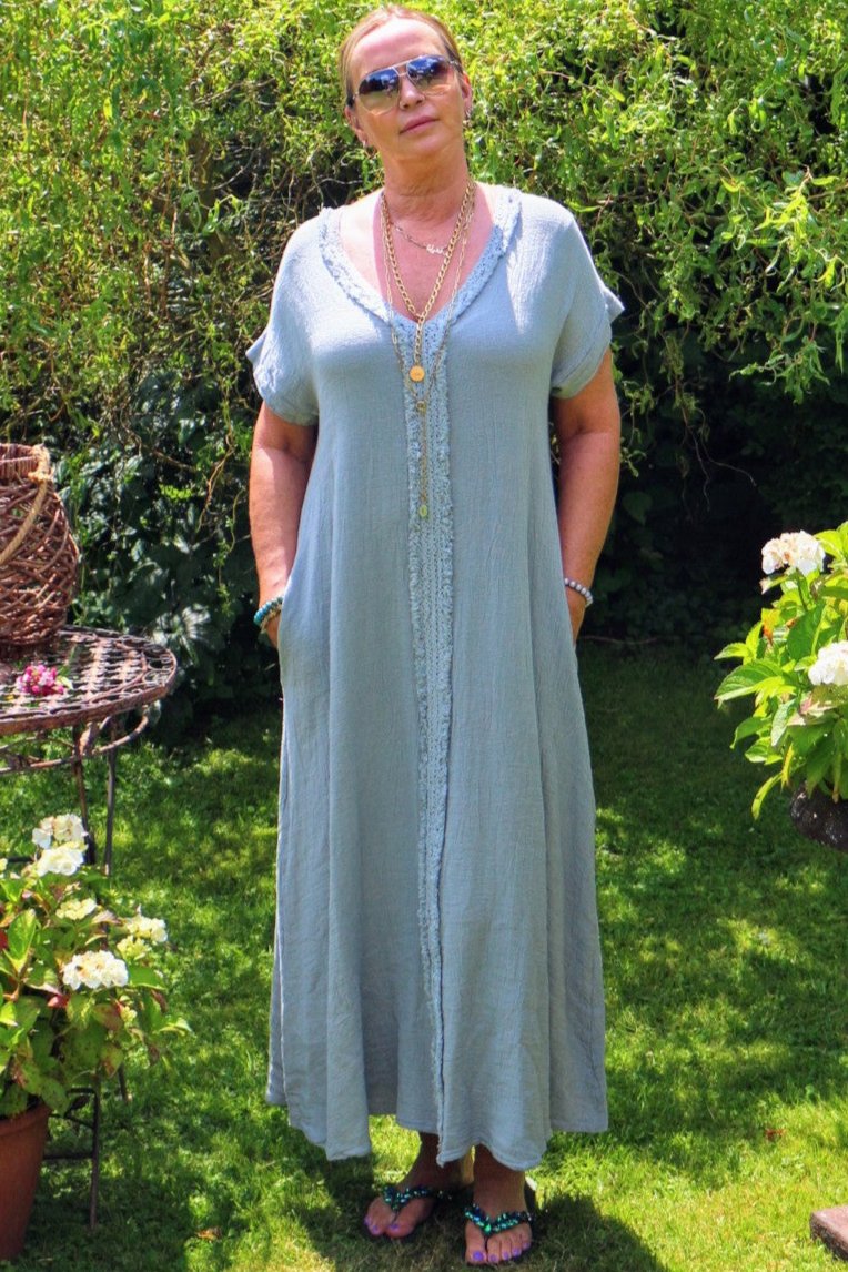 Kleid Tunika Hippie Kurzarm Grau 50% Leinen 50% Baumwolle One Size