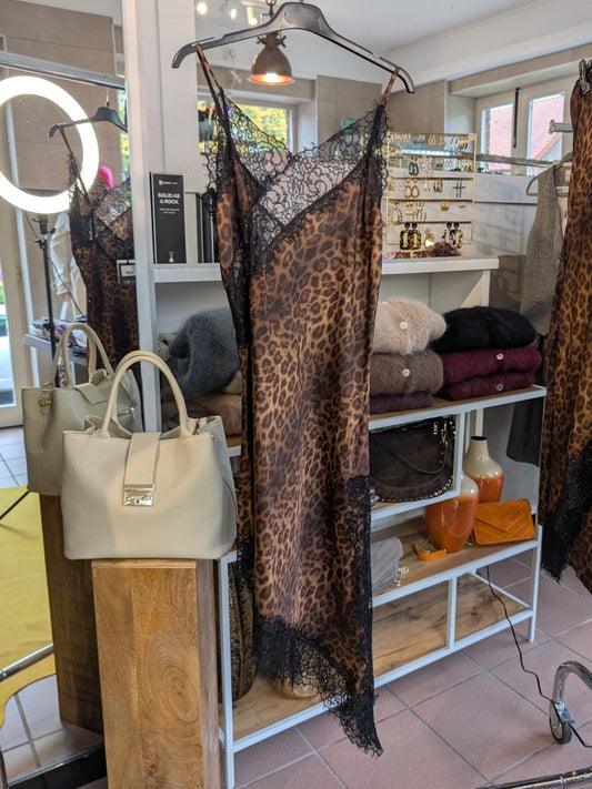 Kleid Viskose Satin mit Spitze Leo Coffee Braun Goldschimmer Schwarz M/L asymmetrisch - von LUMINA LD3657