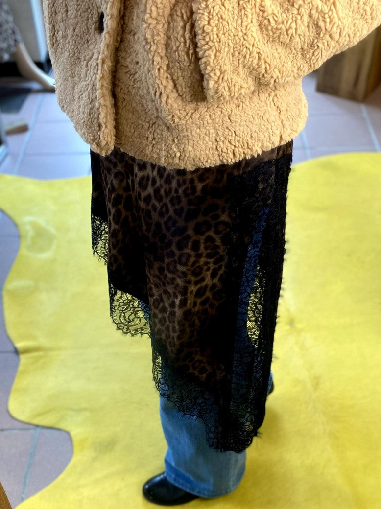 Kleid Viskose Satin mit Spitze Leo Coffee Braun Goldschimmer Schwarz M/L asymmetrisch - von LUMINA LD3657