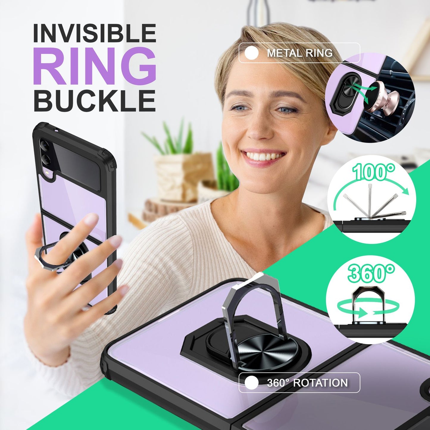 Ring case for Samsung Galaxy Z Flip4, clear scratch-resistant protective frame, 360 ring case
