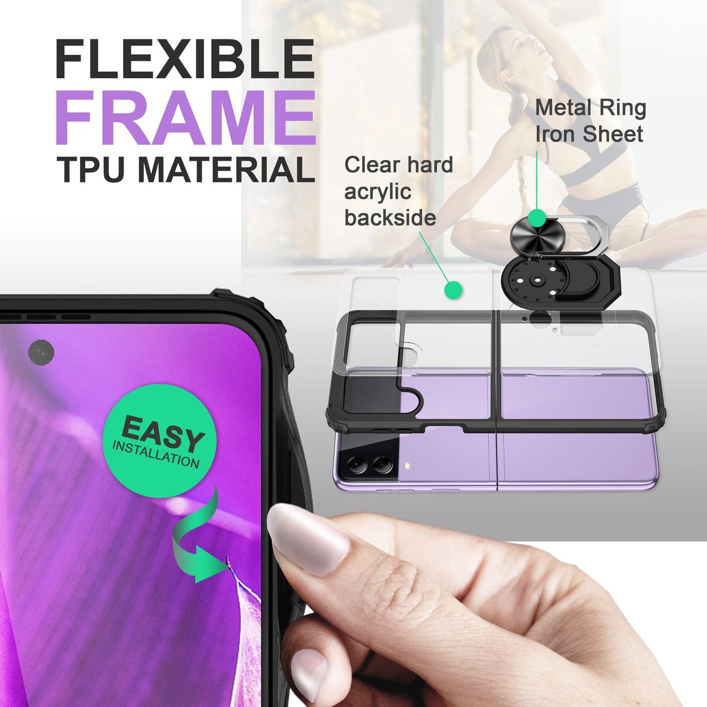 Ring case for Samsung Galaxy Z Flip4, clear scratch-resistant protective frame, 360 ring case