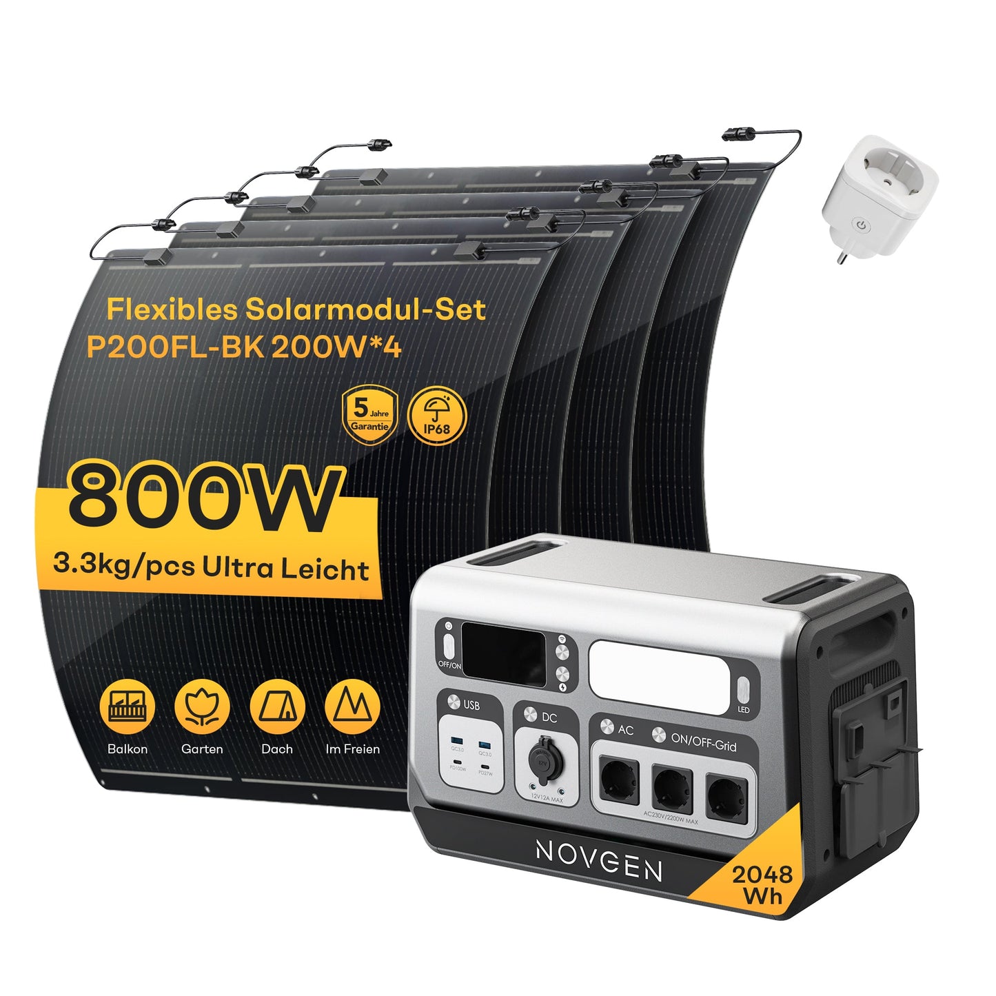 Novgen NOVB2048 LiFePO₄ Balkonkraftwerk mit Speicher 2048Wh | 800W/2200W | Plug & Play Solarspeicher