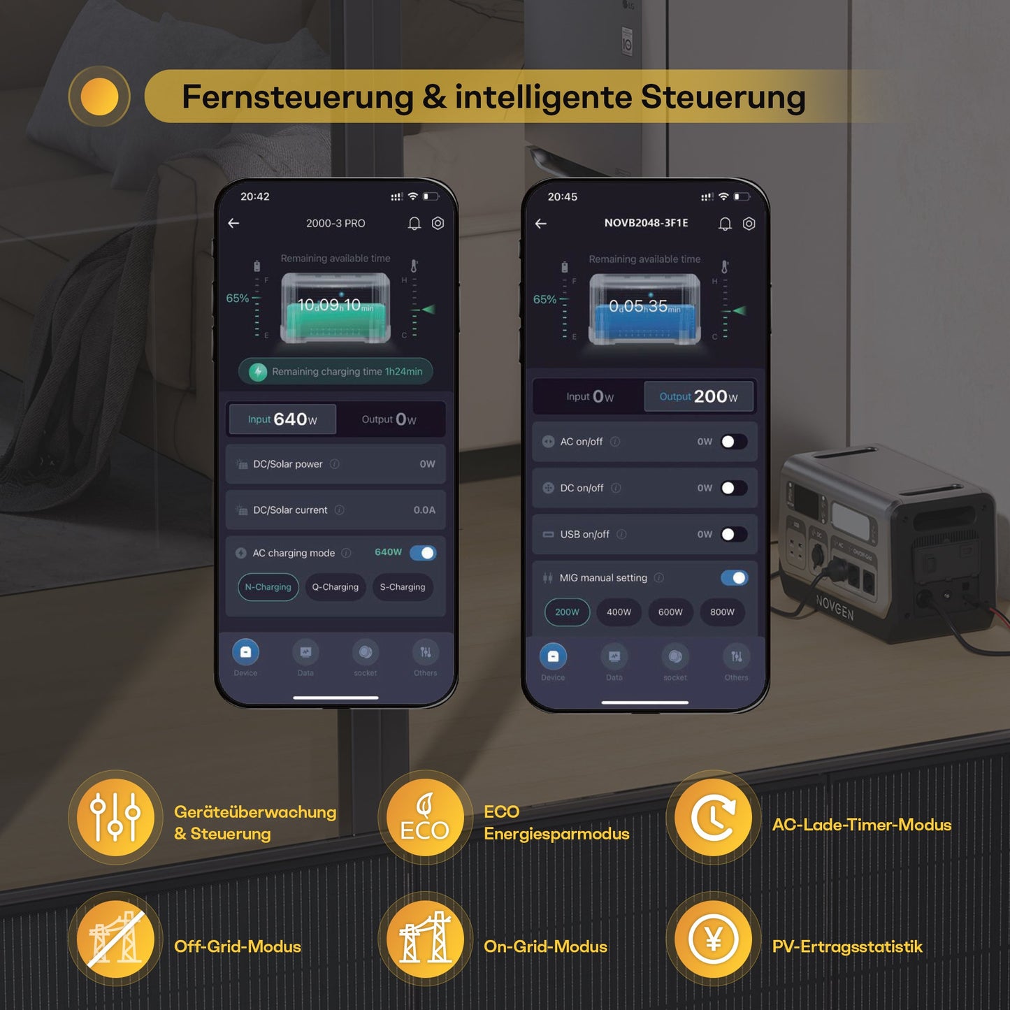 Novgen NOVB2048 LiFePO₄ Balkonkraftwerk mit Speicher 2048Wh | 800W/2200W | Plug & Play Solarspeicher