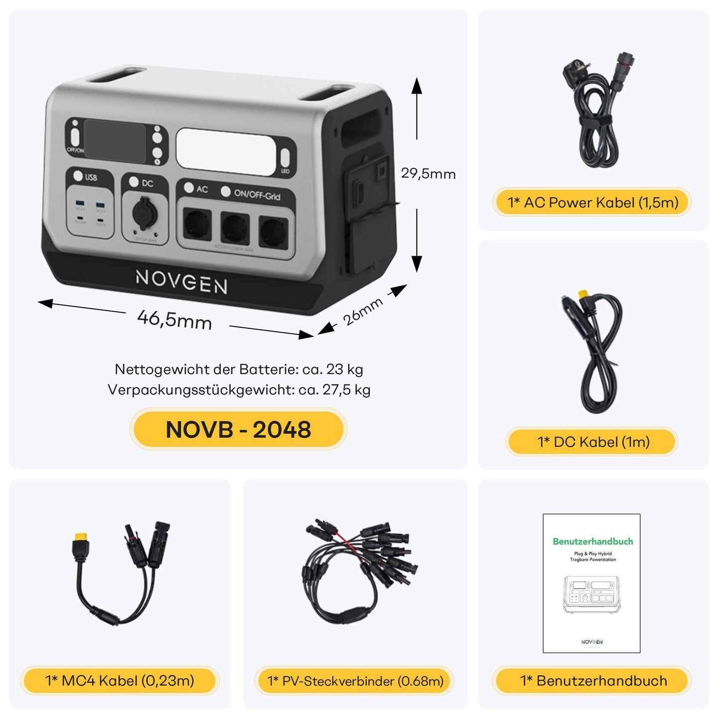 Novgen NOVB2048 LiFePO₄ Balkonkraftwerk mit Speicher 2048Wh | 800W/2200W | Plug & Play Solarspeicher