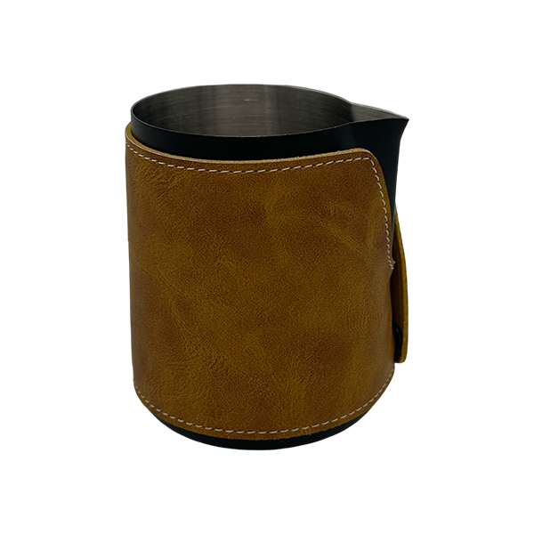 BaristaDelight Henkelless Milk Pitcher with Leather Sleeve