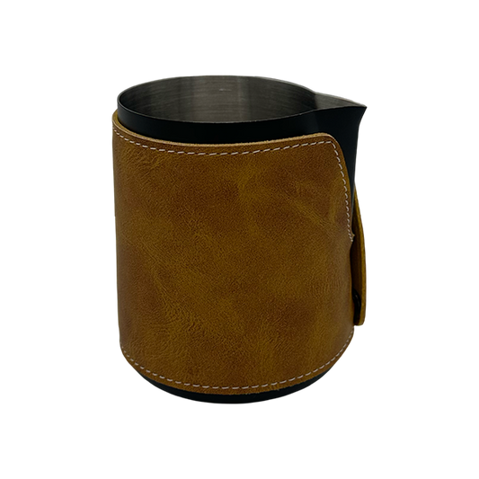BaristaDelight Henkelless Milk Pitcher with Leather Sleeve