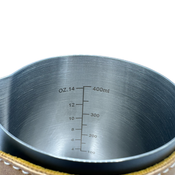 BaristaDelight Henkelless Milk Pitcher with Leather Sleeve