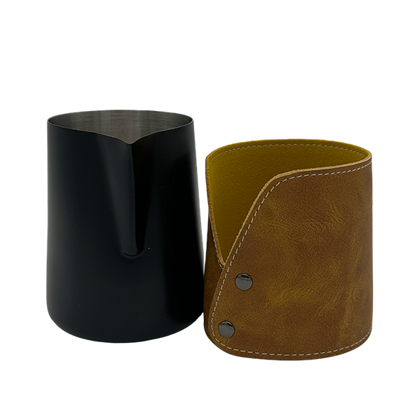 BaristaDelight Henkelless Milk Pitcher with Leather Sleeve