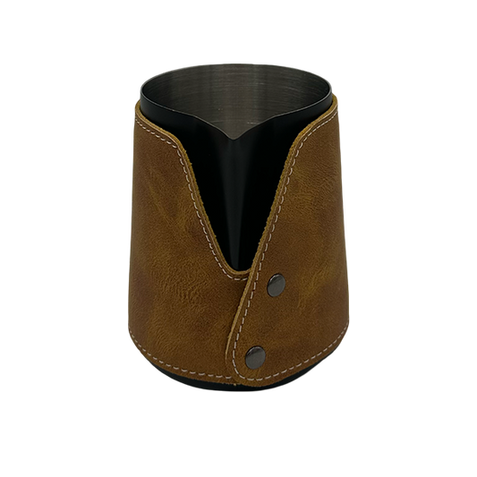 BaristaDelight Henkelless Milk Pitcher with Leather Sleeve
