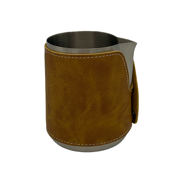 BaristaDelight Henkelless Milk Pitcher with Leather Sleeve