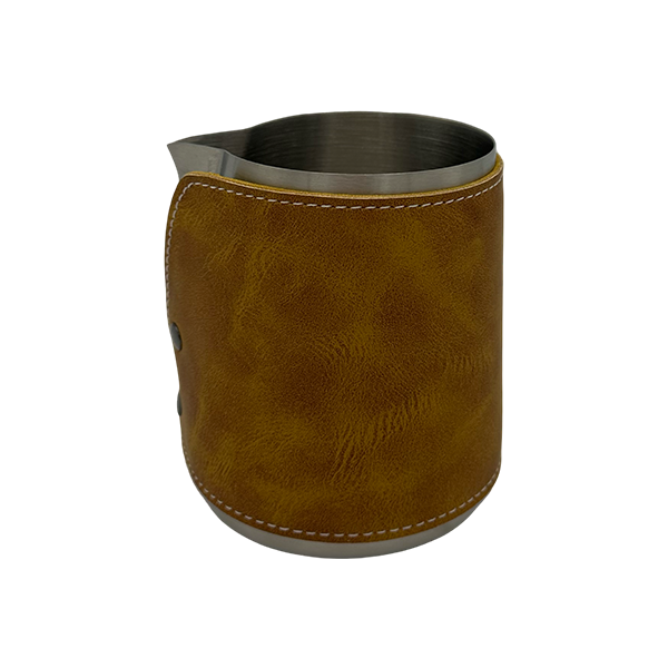 BaristaDelight Henkelless Milk Pitcher with Leather Sleeve