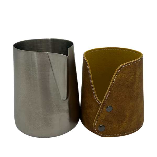 BaristaDelight Henkelless Milk Pitcher with Leather Sleeve