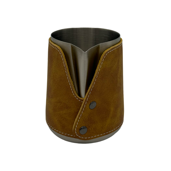 BaristaDelight Henkelless Milk Pitcher with Leather Sleeve