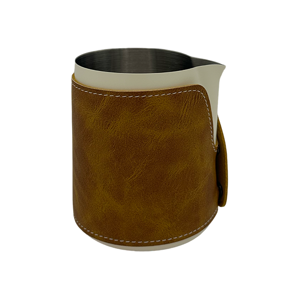 BaristaDelight Henkelless Milk Pitcher with Leather Sleeve
