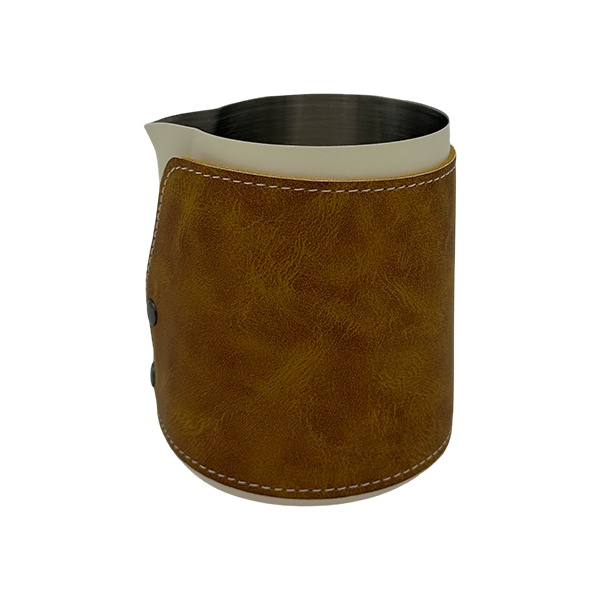 BaristaDelight Henkelless Milk Pitcher with Leather Sleeve