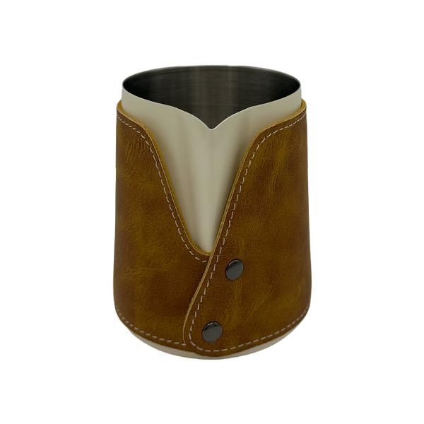 BaristaDelight Henkelless Milk Pitcher with Leather Sleeve