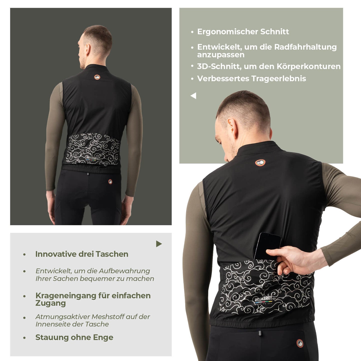 ROAD TO SKY Herren Fahrrad Ärmellos Weste Winddichte Fahrradjacke