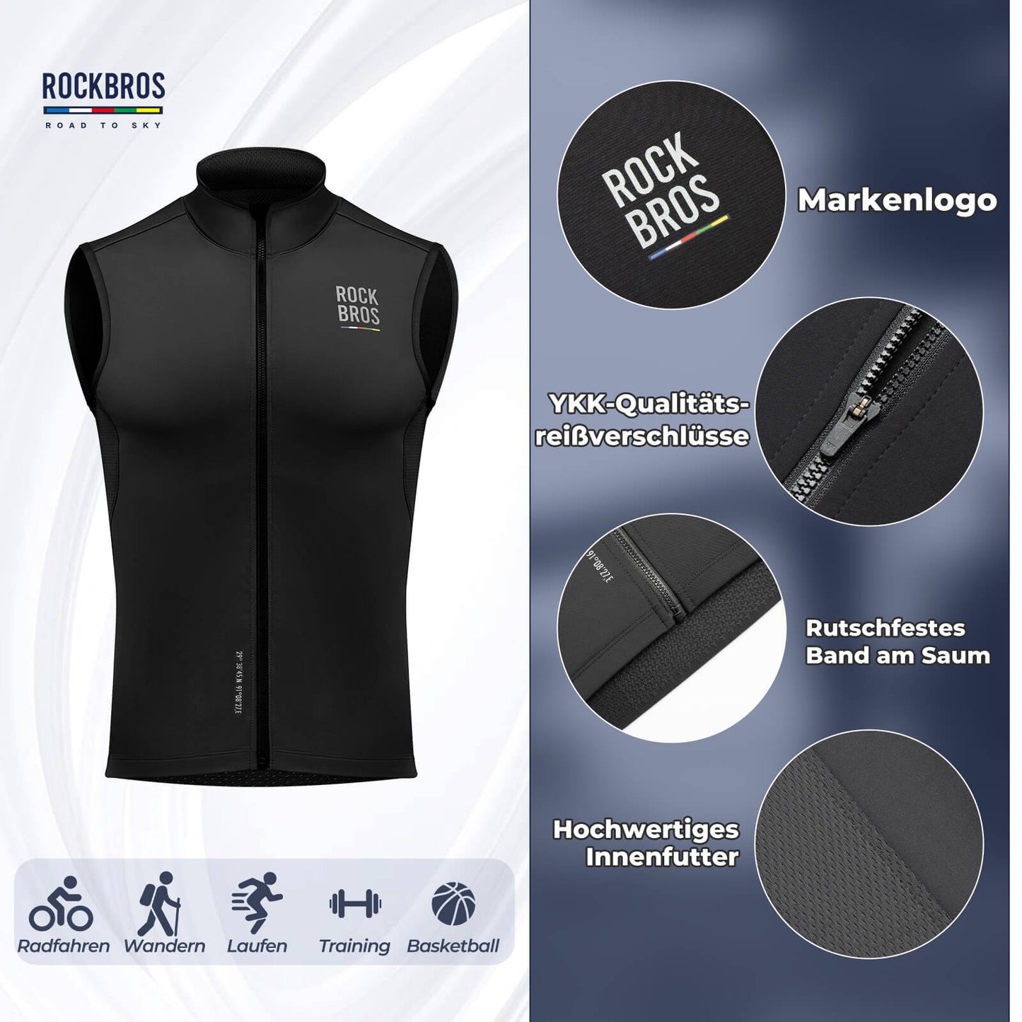 ROAD TO SKY Herren Fahrradjacke Ärmellose Weste Laufweste Atmungsaktiv