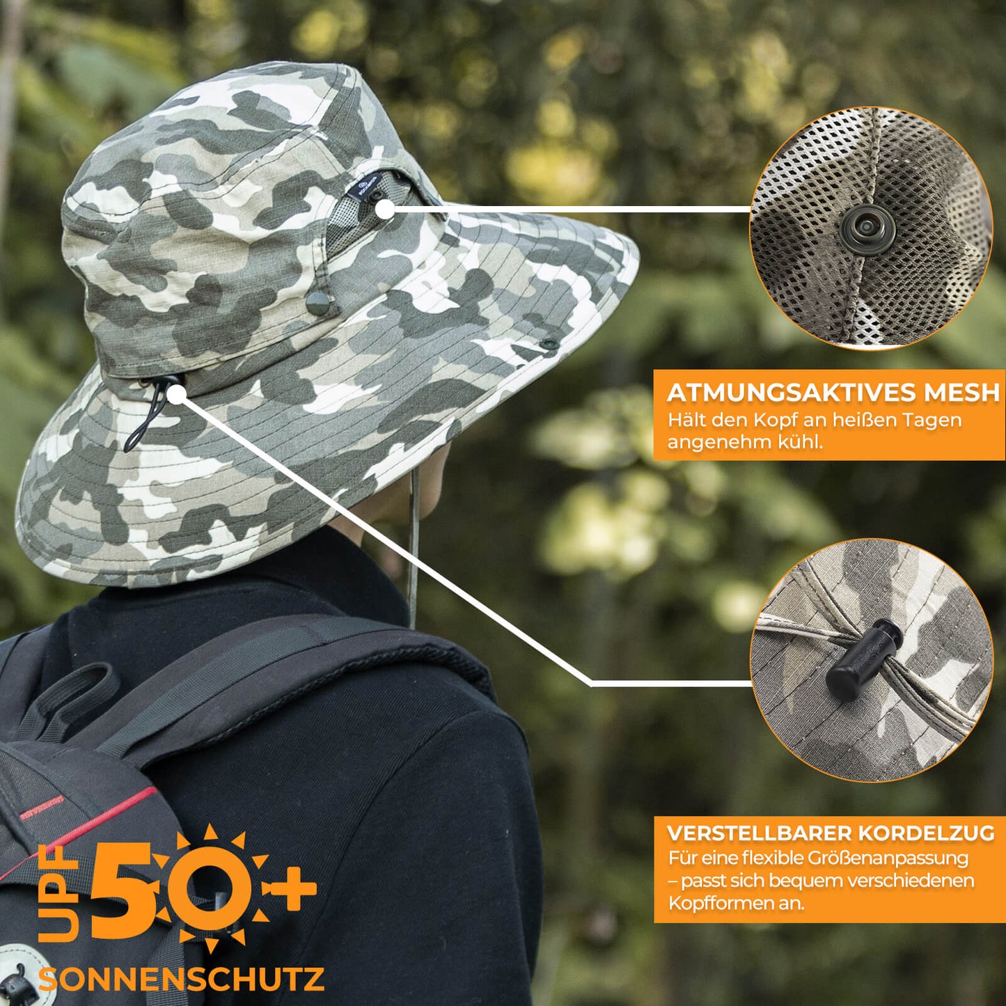 Sólhattur, útivistargönguhattur, veiðihattur, UV vörn 