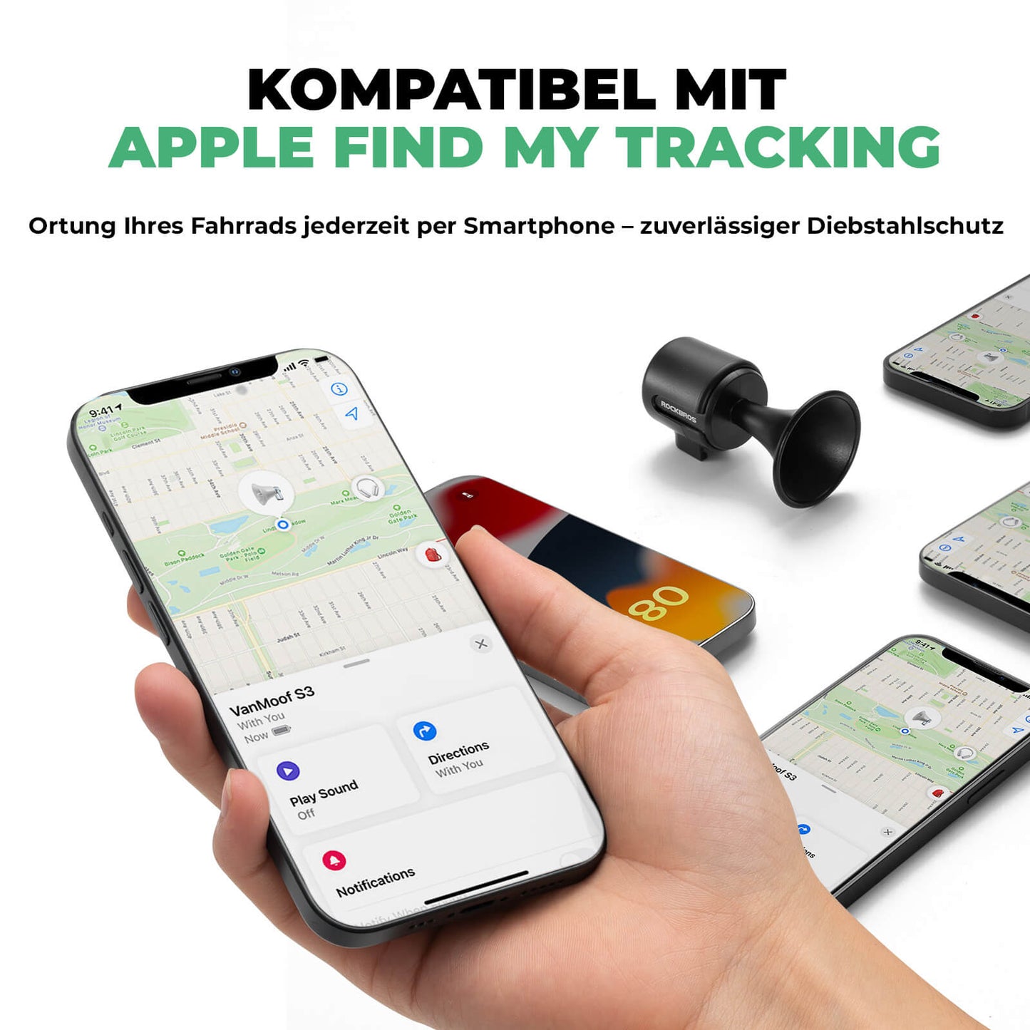 ROCKBROS Fahrradklingel Elektrisch 120dB Ton IPX5 Wasserschutz Smartphone Tracking
