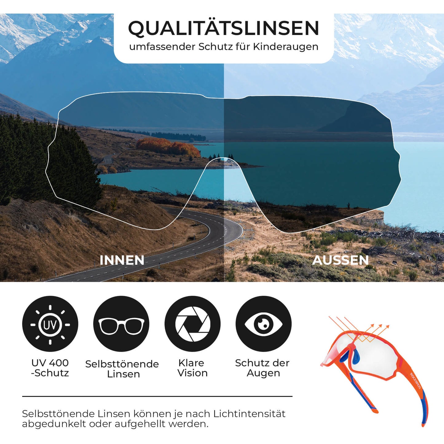 ROCKBROS Hjólreiðagleraugu fyrir börn með UV400 vörn og ljóskrómuðum sólgleraugum