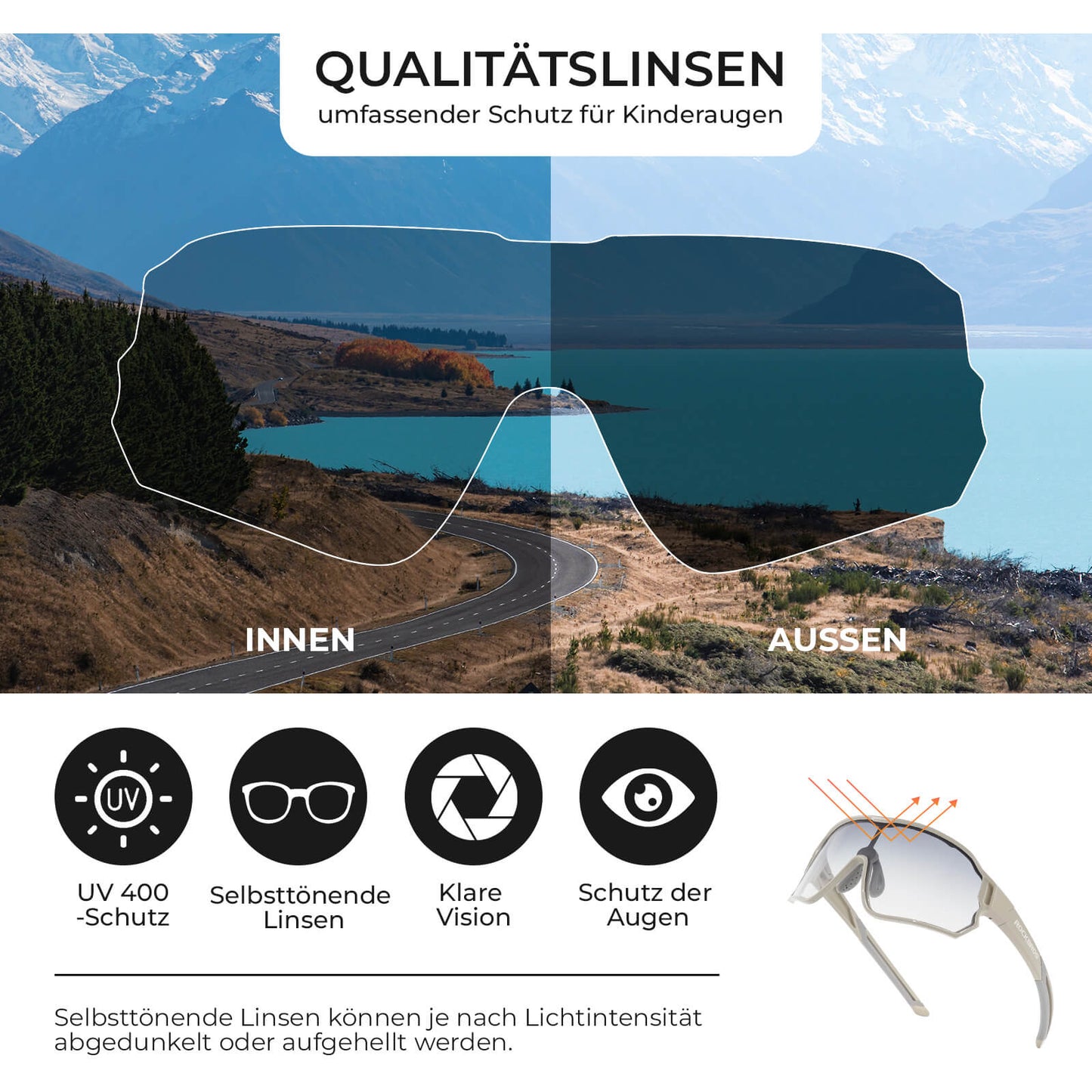 ROCKBROS Hjólreiðagleraugu fyrir börn með UV400 vörn og ljóskrómuðum sólgleraugum