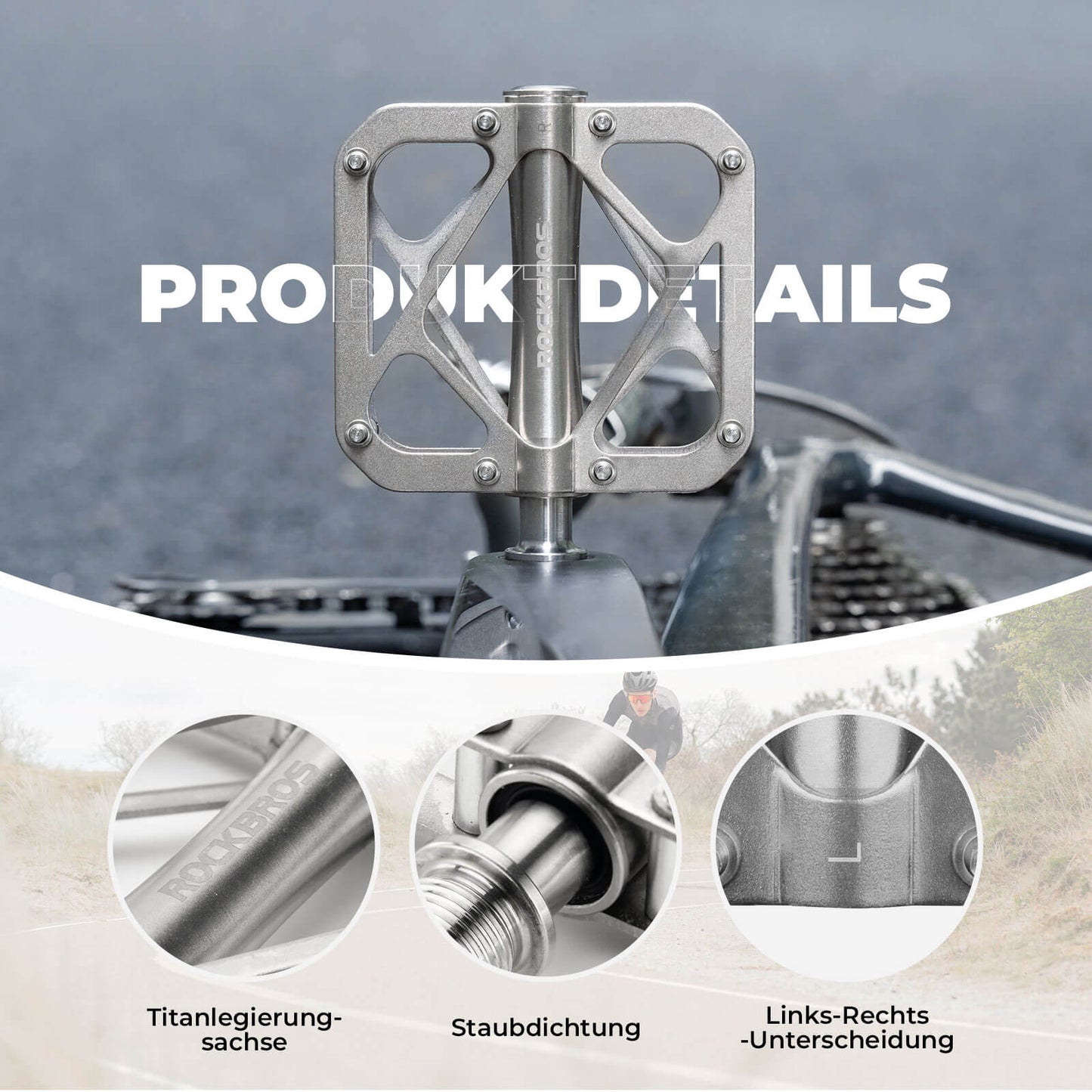 ROCKBROS Titanium Alloy Bicycle Pedals, 3-Bearing MTB Pedals, 9/16 Inch Platform