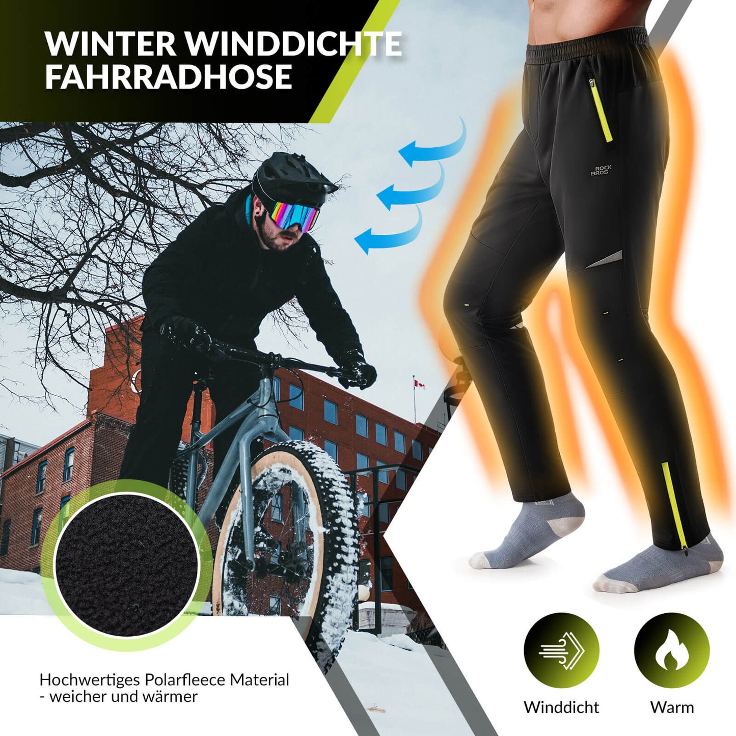 ROCKBROS Men's Cycling Trousers, Windproof and Warm for Winter Outdoor Sports