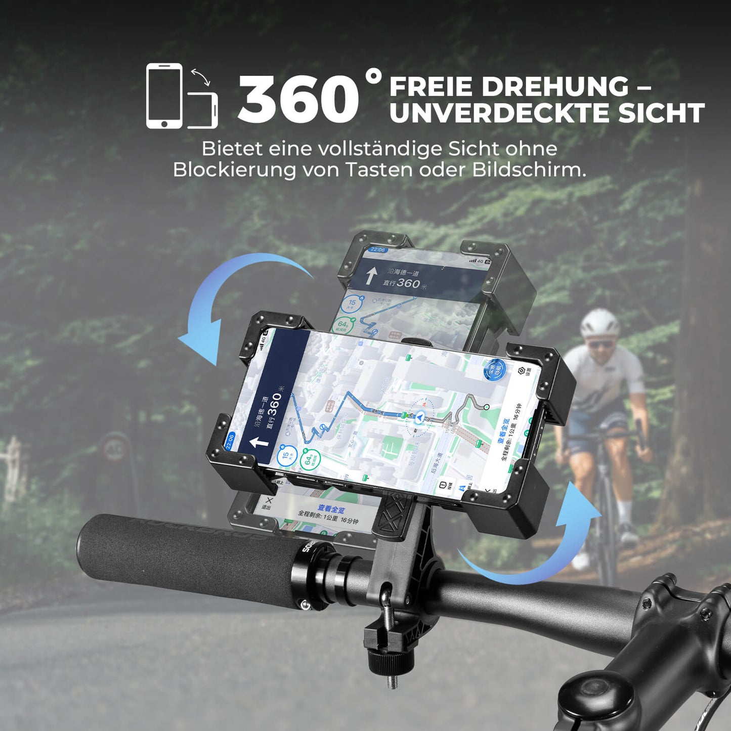 Bicycle phone mount, 360° rotatable, for phones 4.5~7.2"
