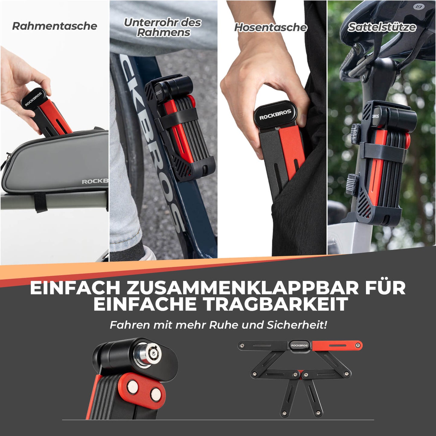 ROCKBROS samanbrjótanlegur reiðhjólalás, öflug þjófavörn með tveimur lyklum