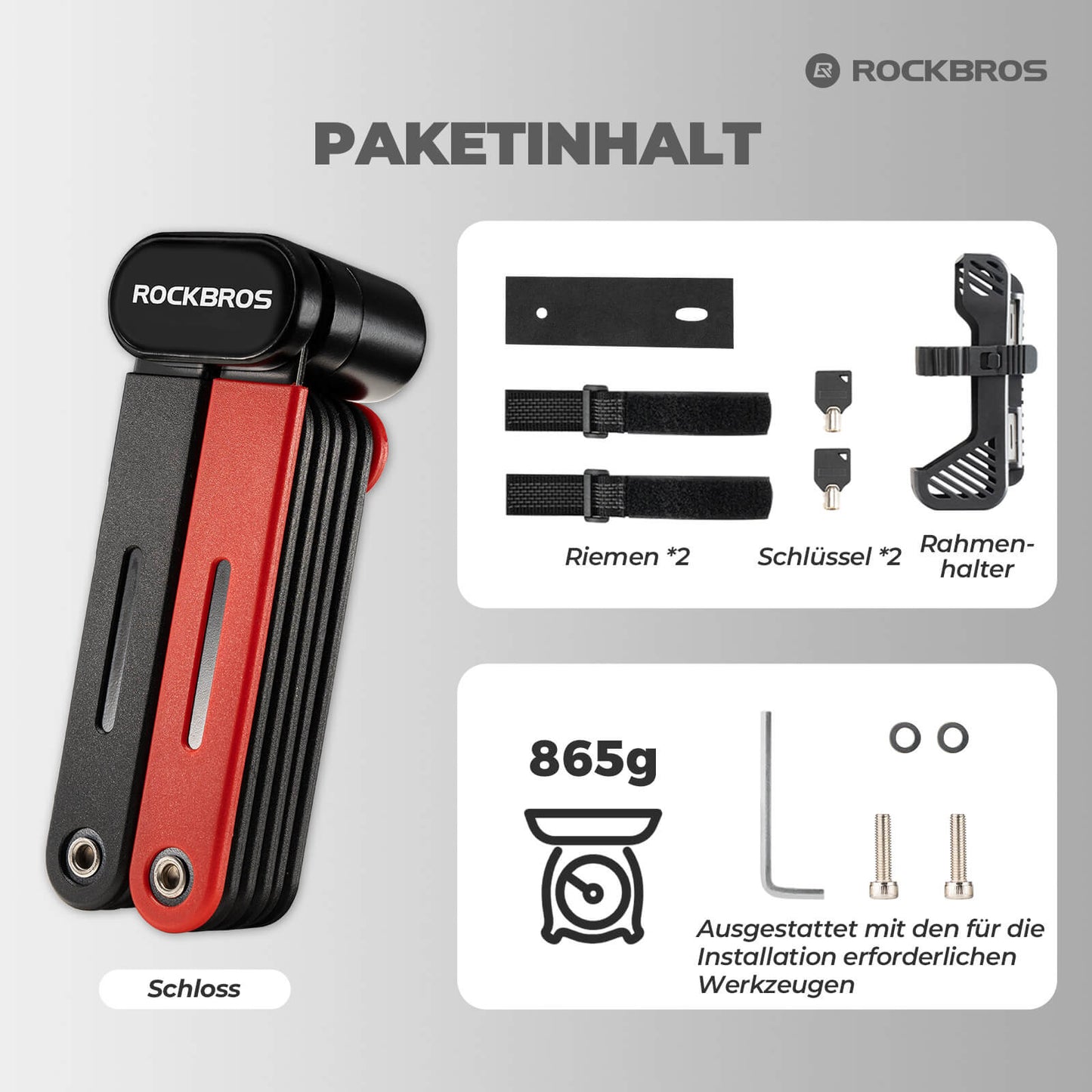 ROCKBROS samanbrjótanlegur reiðhjólalás, öflug þjófavörn með tveimur lyklum