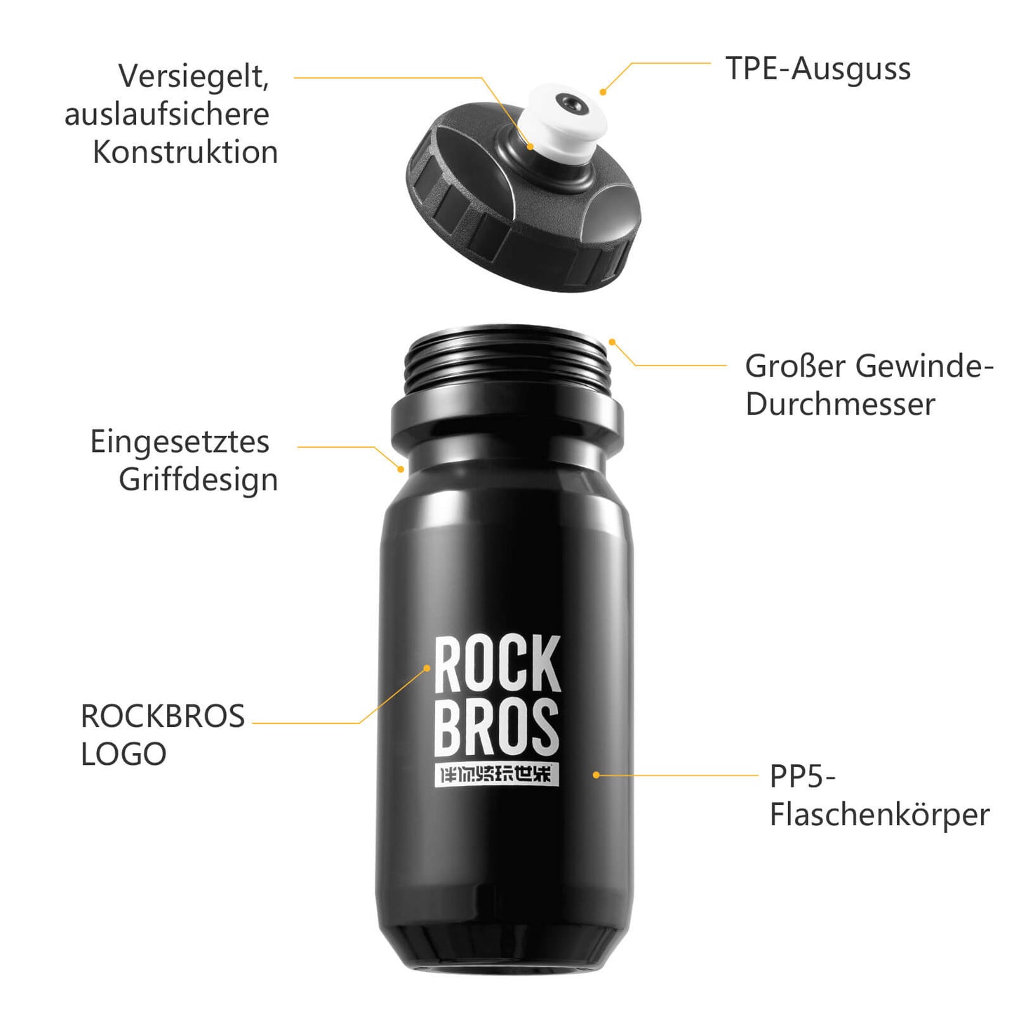 ROCKBROS Fahrrad Wasserflasche 600ml Trinkflasche BPA-Frei Auslaufsichere Flasche
