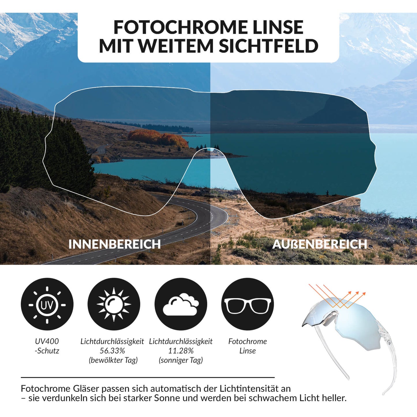 Sjálflitandi hjólagleraugu með UV400 vörn, rammalaus - SWIFT 