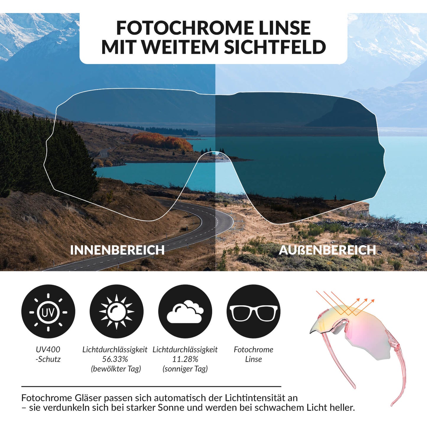 Sjálflitandi hjólagleraugu með UV400 vörn, rammalaus - SWIFT 