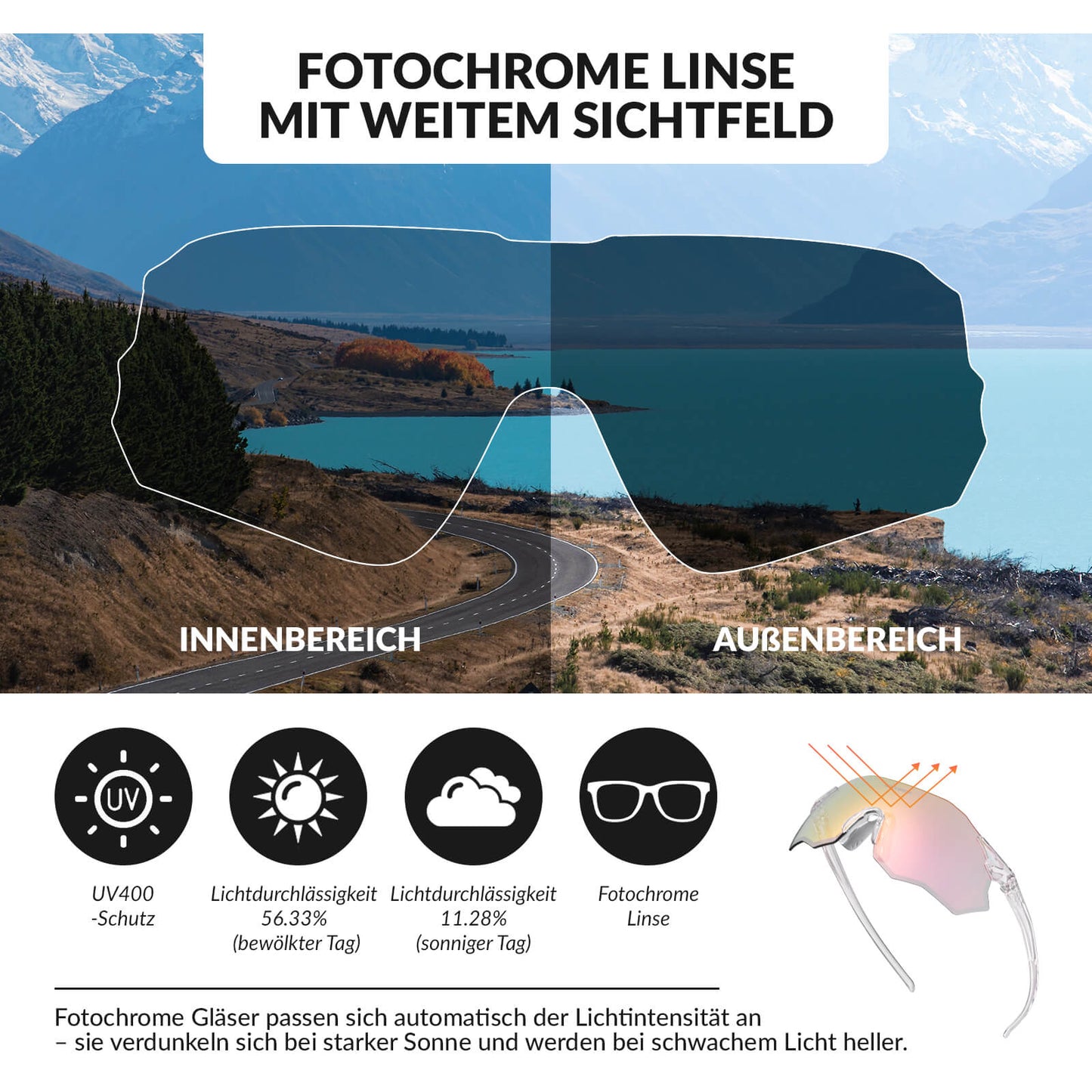 Sjálflitandi hjólagleraugu með UV400 vörn, rammalaus - SWIFT 
