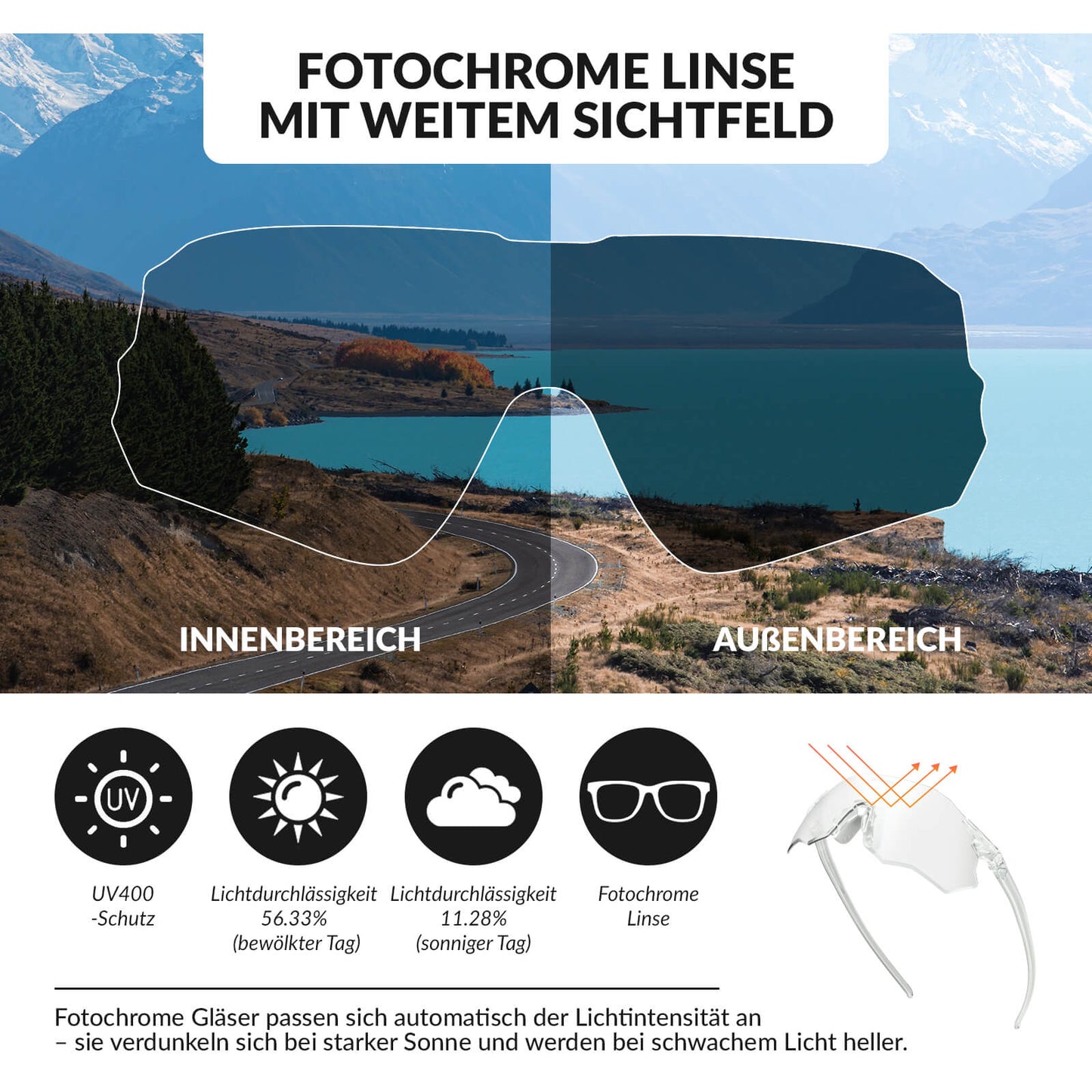 Sjálflitandi hjólagleraugu með UV400 vörn, rammalaus - SWIFT 