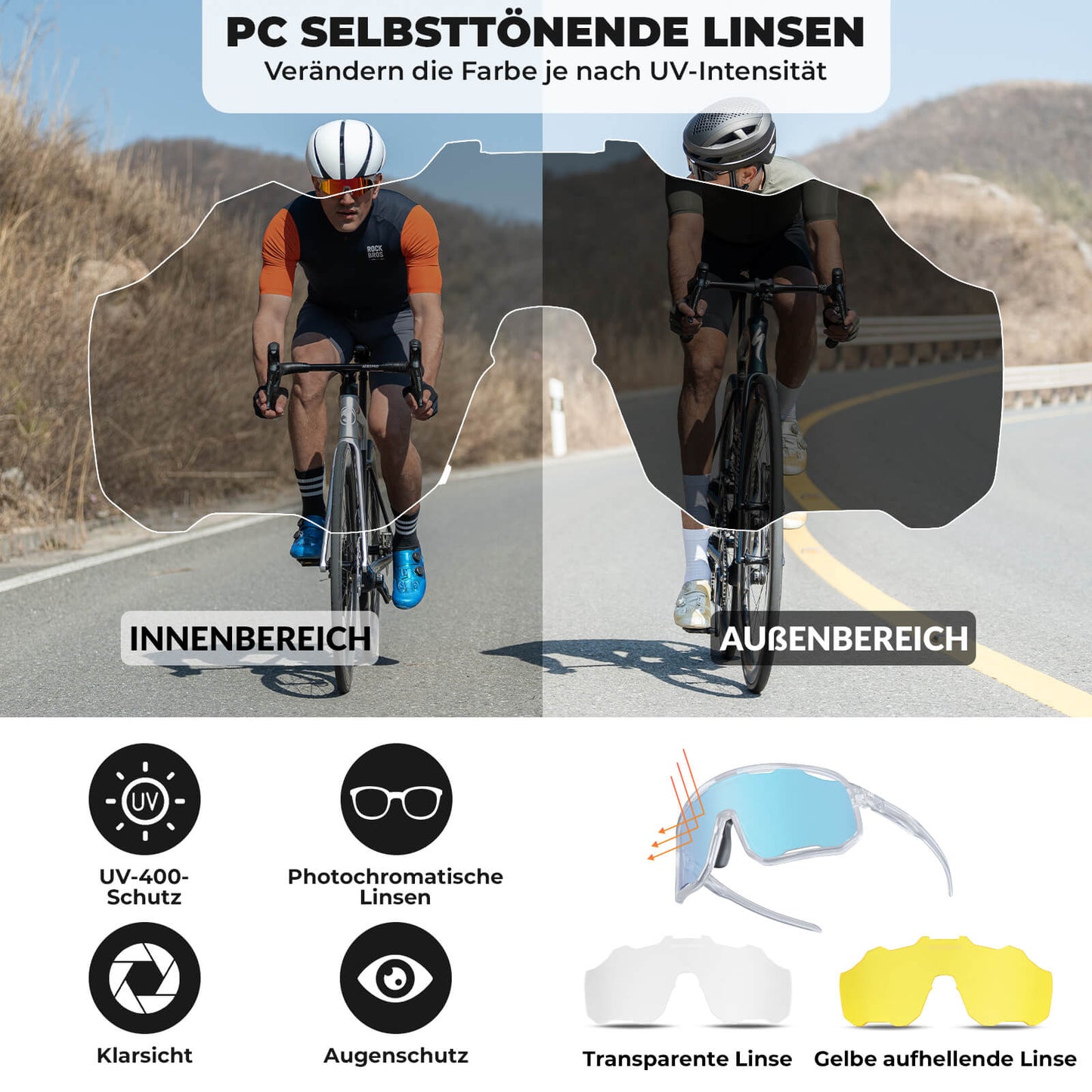 ROCKBROS Fahrradbrille Selbsttönende Sonnenbrille UV-Schutz Wechsel-Nasenpads Damen/Herren