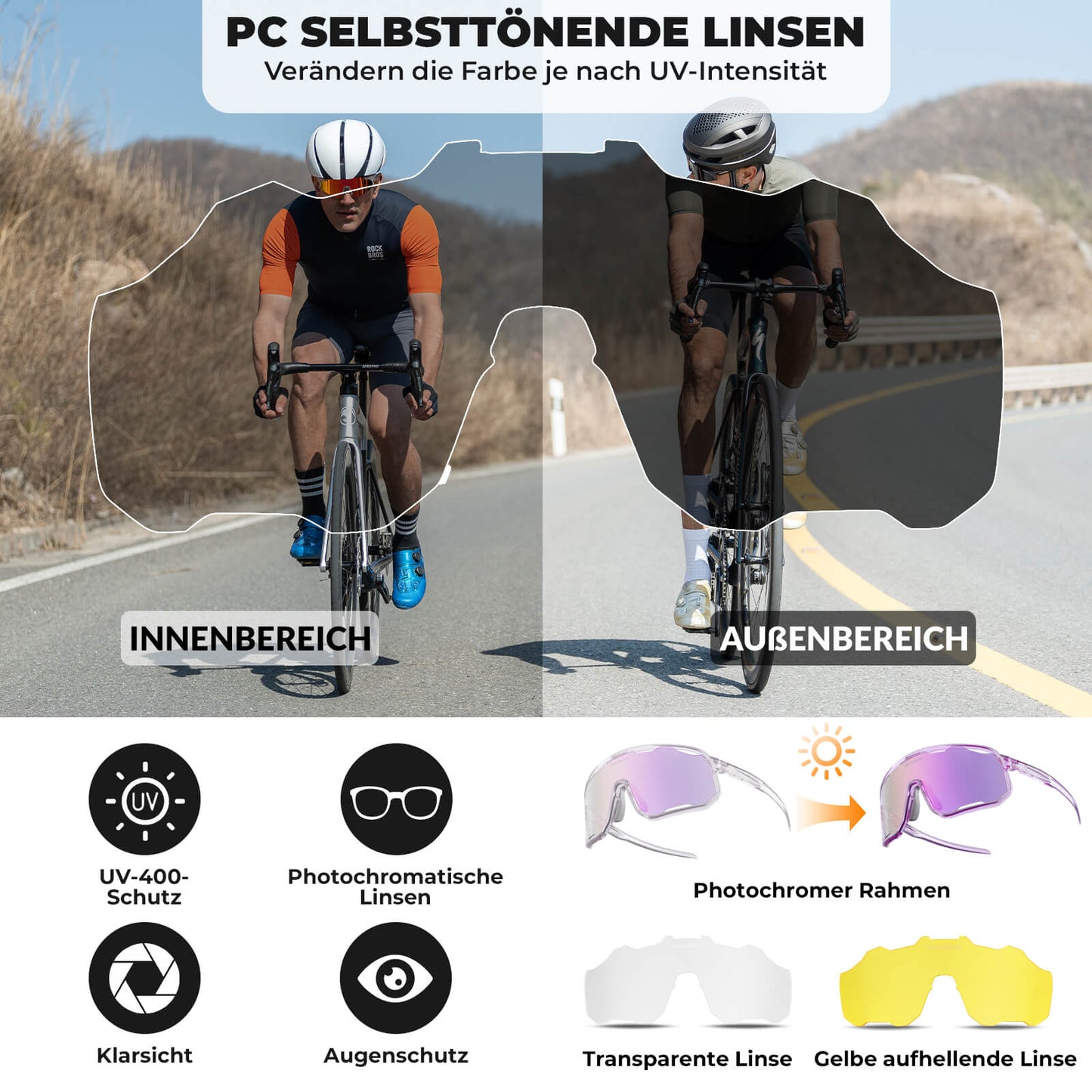 ROCKBROS Fahrradbrille Selbsttönende Sonnenbrille UV-Schutz Wechsel-Nasenpads Damen/Herren