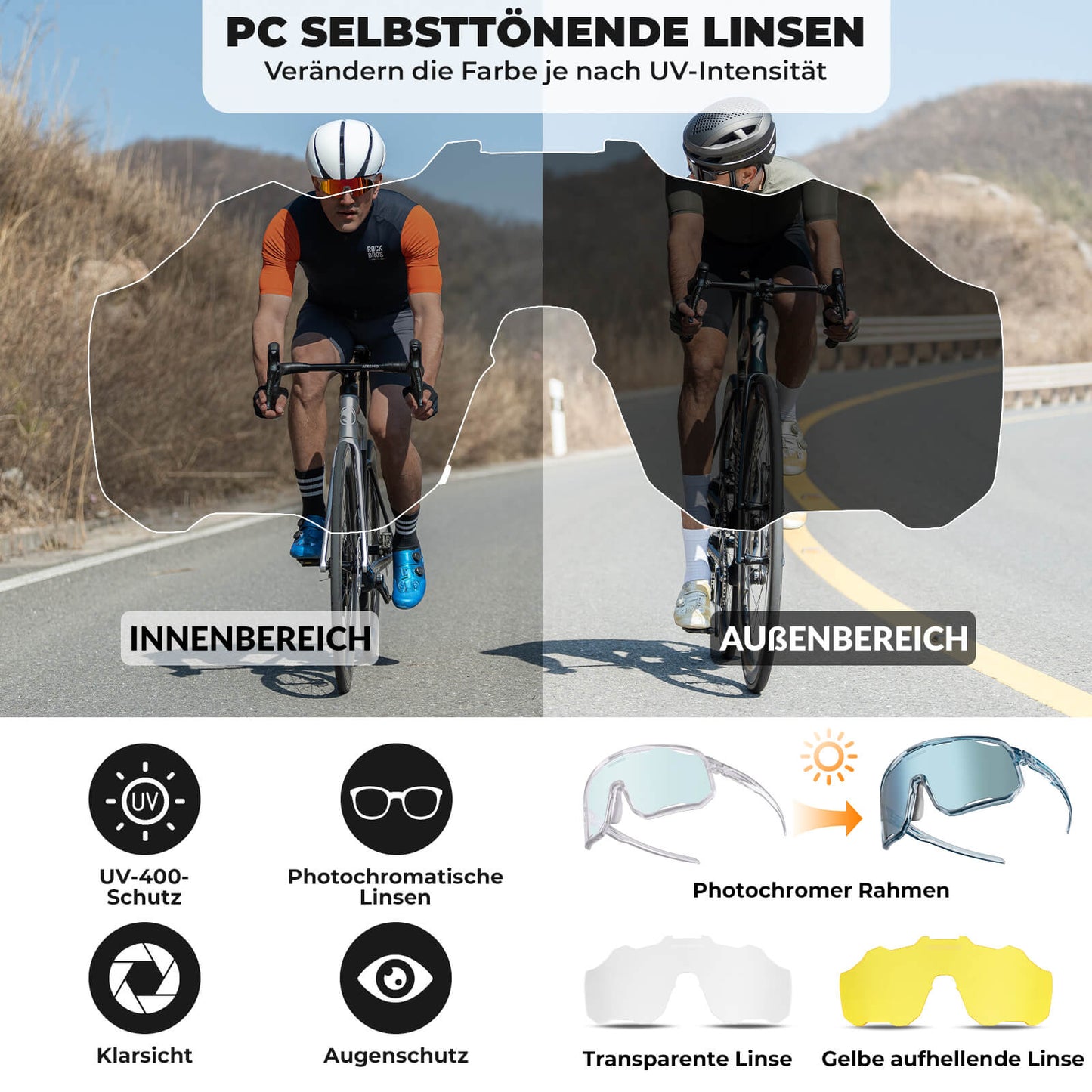 ROCKBROS Fahrradbrille Selbsttönende Sonnenbrille UV-Schutz Wechsel-Nasenpads Damen/Herren