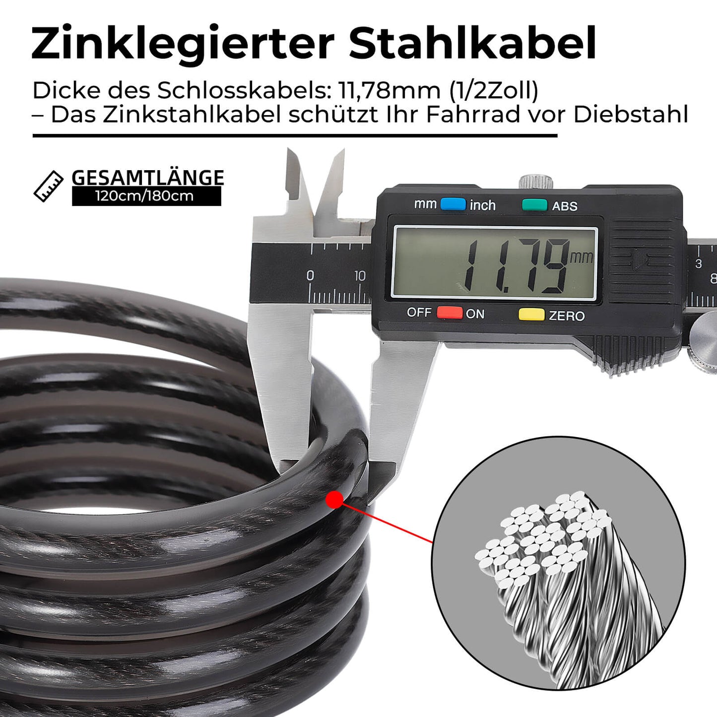 Hjólreiðalás, 4 stafa samsetningarlás með ljósi, 120 cm/180 cm 