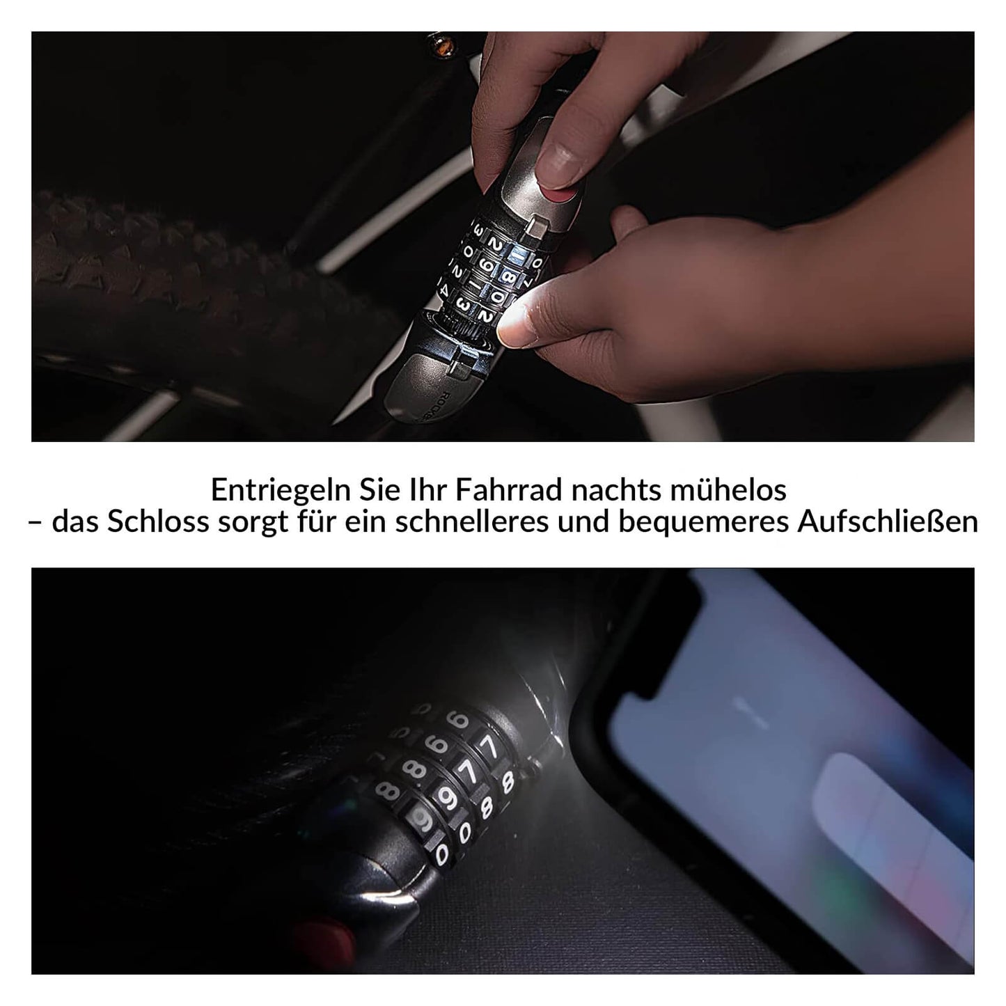 Hjólreiðalás, 4 stafa samsetningarlás með ljósi, 120 cm/180 cm 