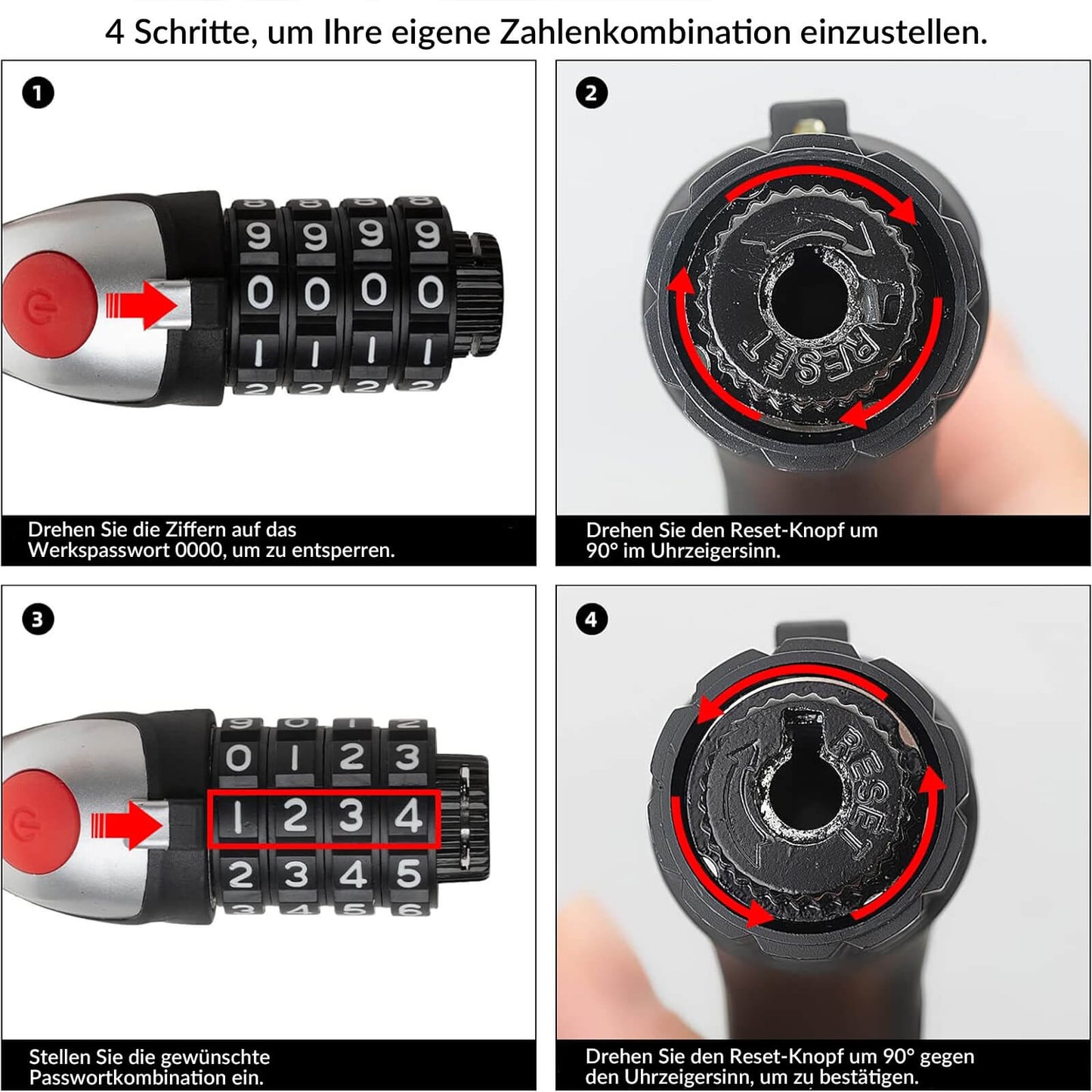 Hjólreiðalás, 4 stafa samsetningarlás með ljósi, 120 cm/180 cm 