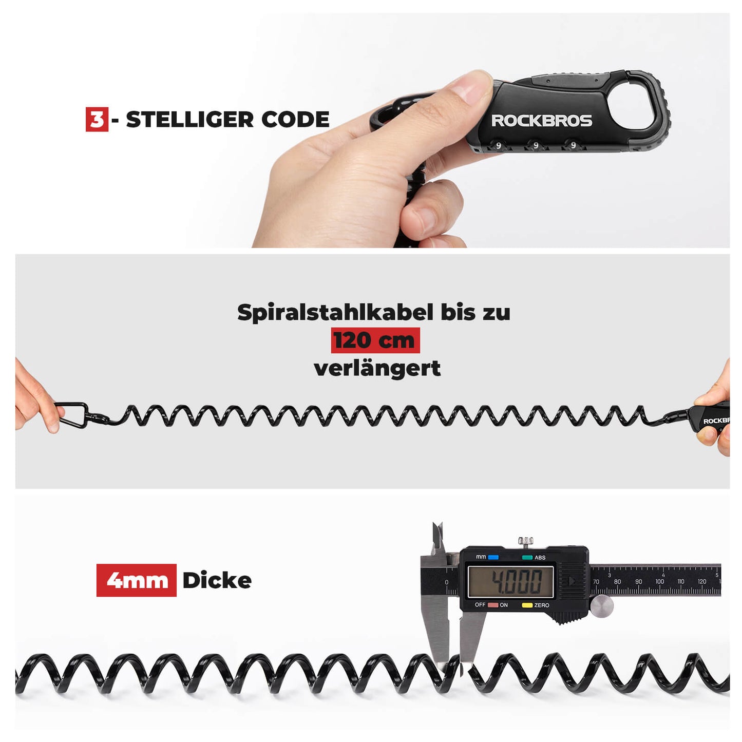 Cable lock, combination lock, helmet lock, 120cm, lightweight