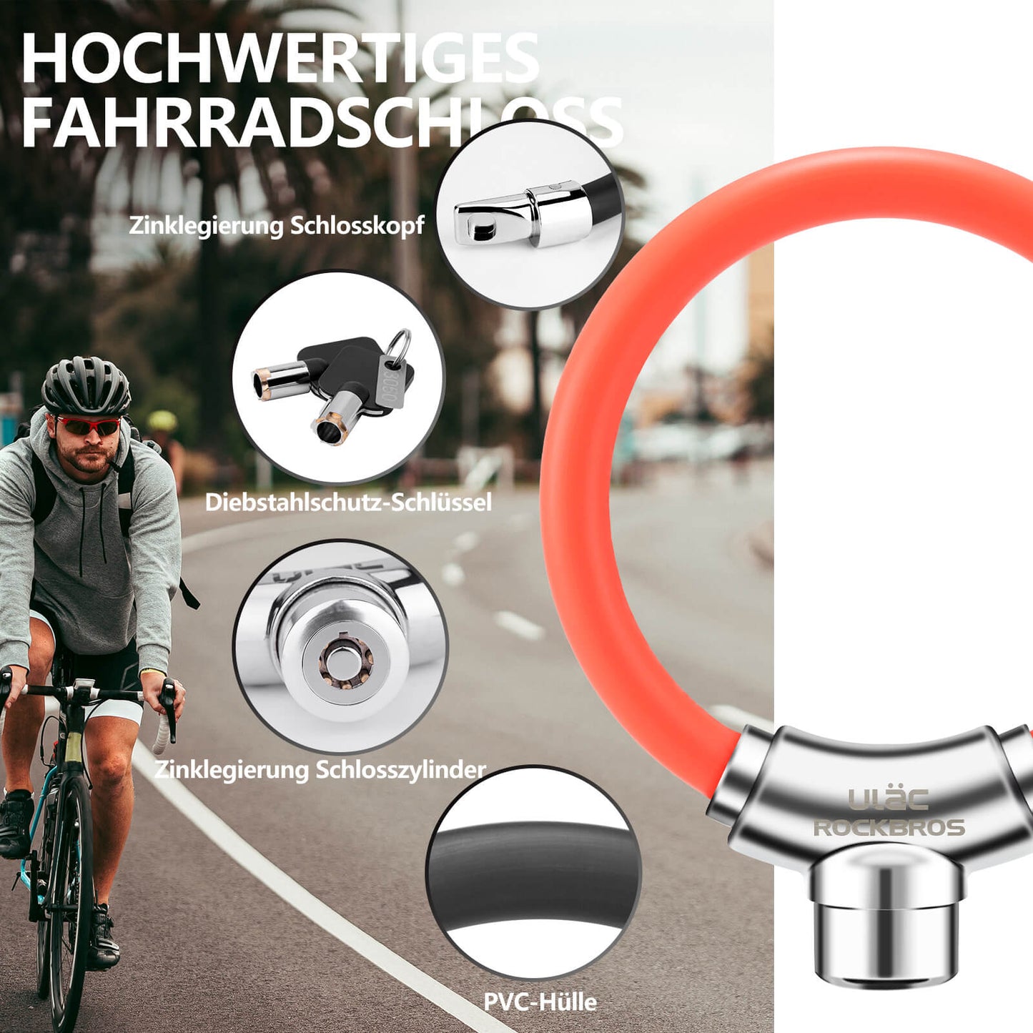 ROCKBROS Bicycle Lock Cable Lock with Velcro Fasteners, Keyless