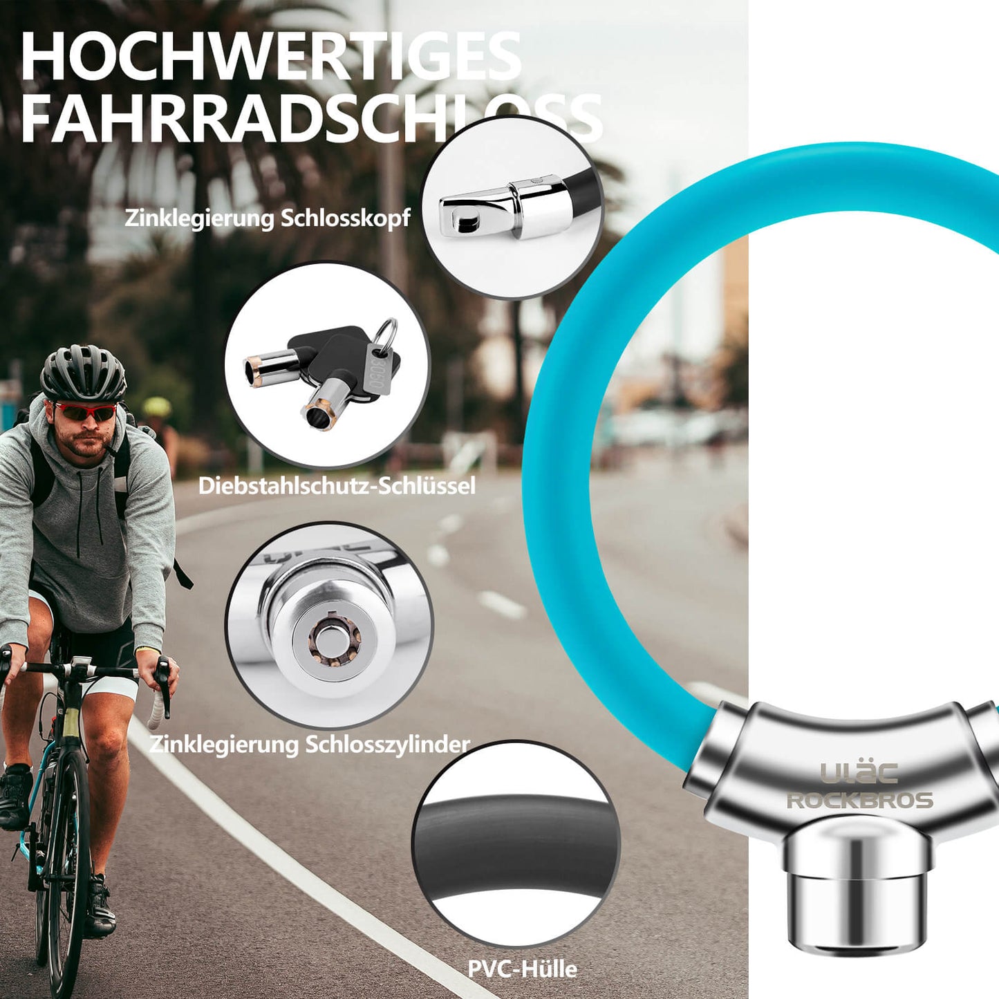 ROCKBROS Bicycle Lock Cable Lock with Velcro Fasteners, Keyless