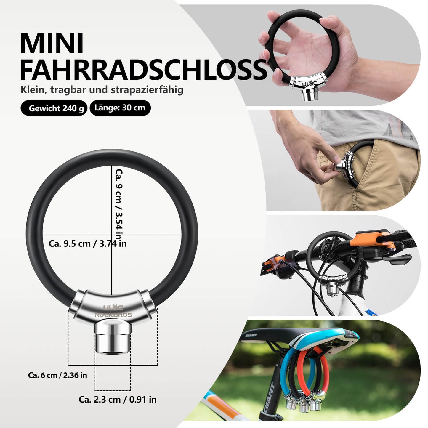 ROCKBROS Bicycle Lock Cable Lock with Velcro Fasteners, Keyless