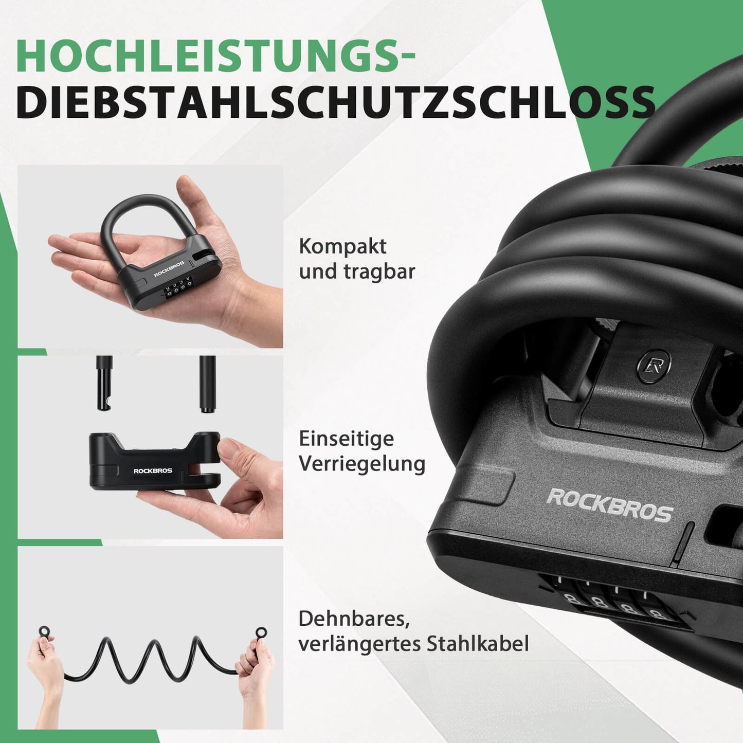 Bicycle lock, combination lock, U-lock with cable approx. 1.1m