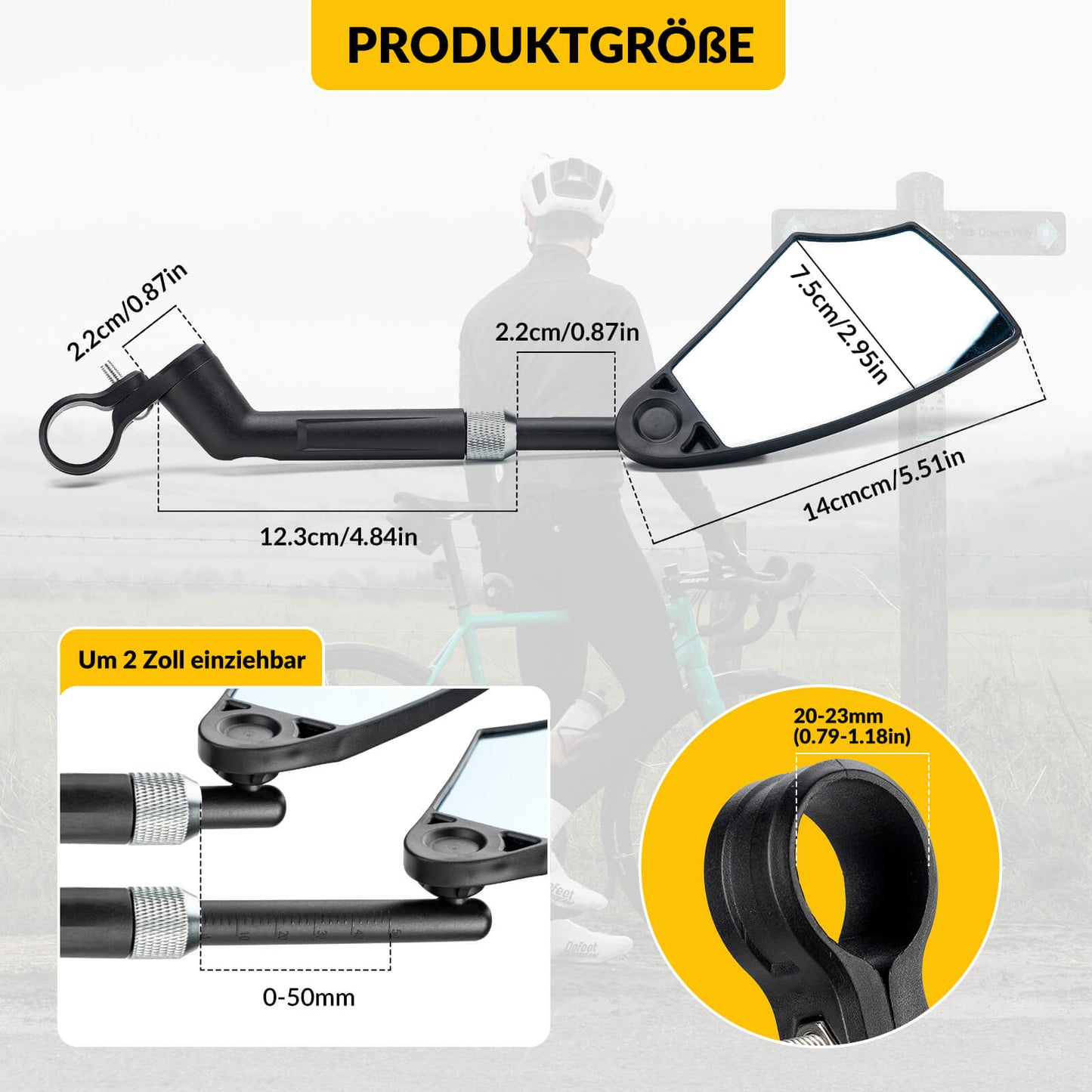 Bicycle mirror, rearview mirror, 360° rotatable, foldable, for handlebars 20–23mm