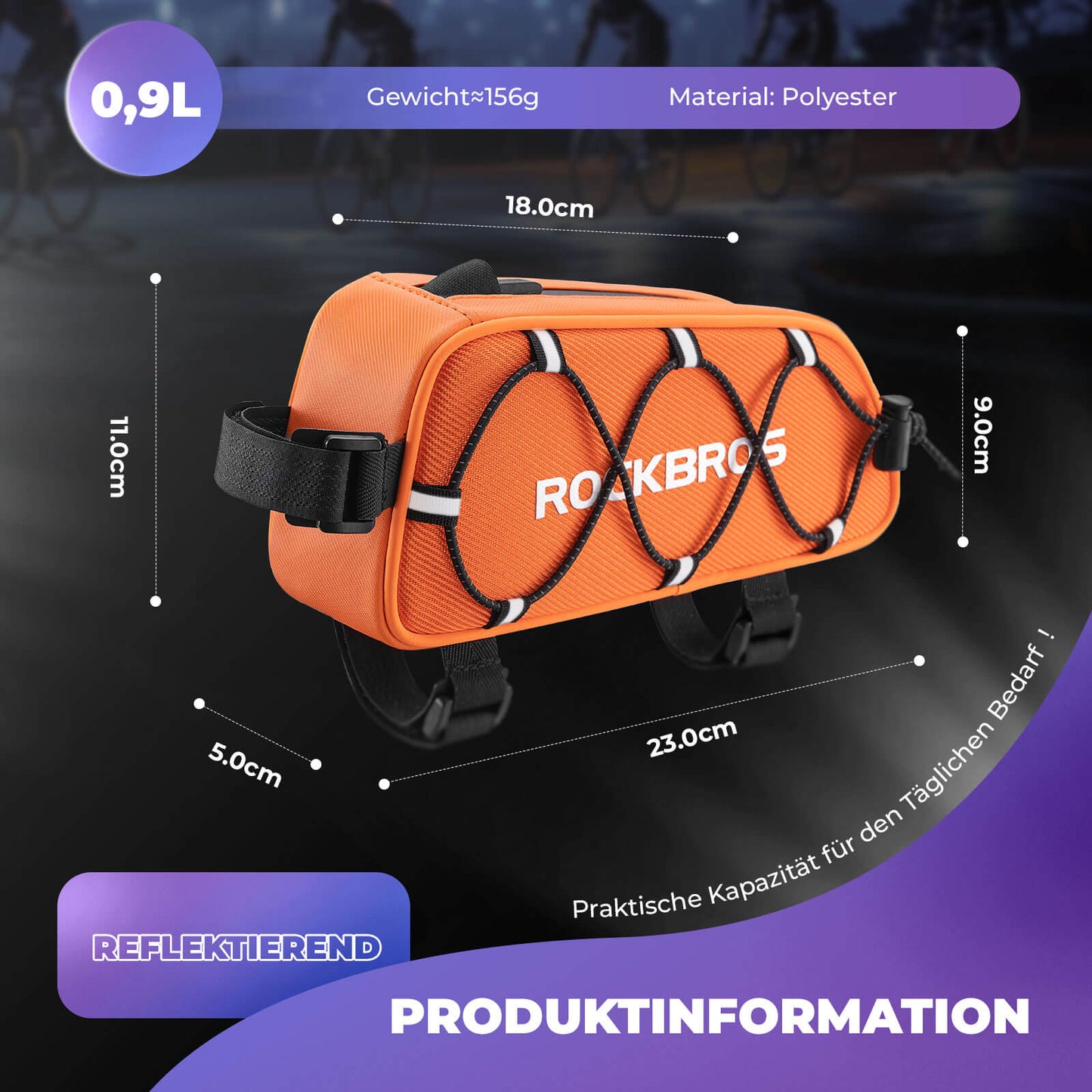 Top tube bag 1 L Fully reflective White/Orange